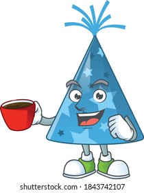A mascot design character of blue party hat drinking a cup of coffee. Vector illustration
