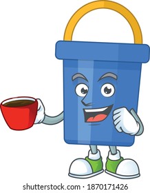 A mascot design character of blue sand bucket drinking a cup of coffee. Vector illustration