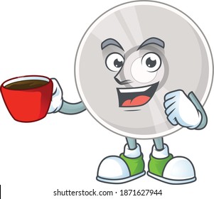 A mascot design character of compact disk drinking a cup of coffee. Vector illustration