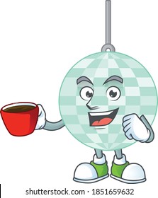 A mascot design character of disco ball drinking a cup of coffee. Vector illustration