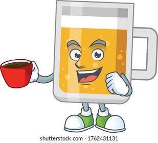 A mascot design character of glass of beer drinking a cup of coffee