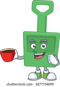 A mascot design character of green sand bucket drinking a cup of coffee. Vector illustration