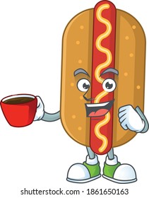 A mascot design character of hotdog drinking a cup of coffee. Vector illustration