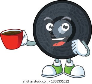 A mascot design character of music viynl disc drinking a cup of coffee. Vector illustration