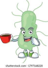 A mascot design character of salmonella drinking a cup of coffee. Vector illustration