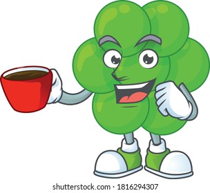 A mascot design character of staphylococcus aureus drinking a cup of coffee. Vector illustration