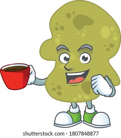 A mascot design character of verrucomicrobia drinking a cup of coffee. Vector illustration