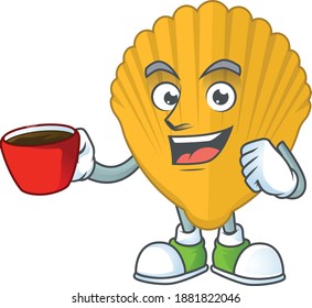 A mascot design character of yellow clamp drinking a cup of coffee. Vector illustration