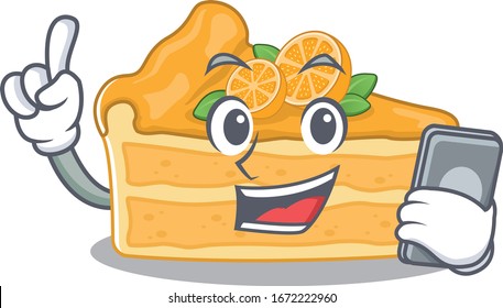 Mascot design of cheesecake orange speaking on phone