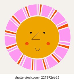 Mascot design, children summer concept. Flat cartoon character, orange sun joyful. Cute sticker, creative shape, colorful icon. Isolated on white
