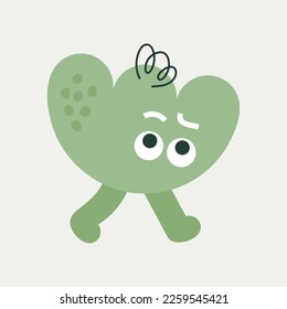 Mascot design, children's activity concept. Flat cartoon character, light green trefoil, goes to the right. Cute sticker, creative shape, colorful icon. Isolated on white
