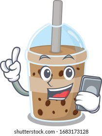 Mascot design of chocolate bubble tea speaking on the phone 