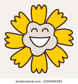 Mascot design, comic floret figure. Funny avatar, eight petals flower joyful. Emoji icon, cute figure, colorful character. Isolated on white
