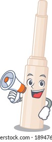 Maskottdesign des Conealersticks, der neue Produkte auf einem Megaphon ankündigt