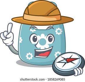 mascot design concept of baby apron explorer using a compass in the forest