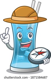 mascot design concept of blue hawai cocktail explorer using a compass in the forest