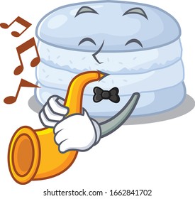 mascot design concept of blueberry macaron playing a trumpet