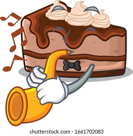 mascot design concept of chocolate cheesecake playing a trumpet