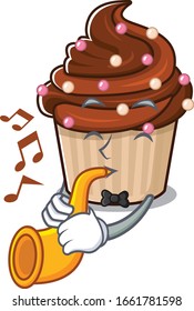 mascot design concept of chocolate cupcake playing a trumpet