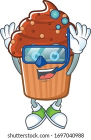 Mascot design concept of chocolate cupcake wearing Diving glasses