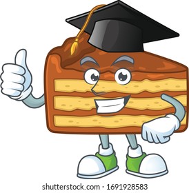 Mascot design concept of chocolate slice cake proudly wearing a black Graduation hat