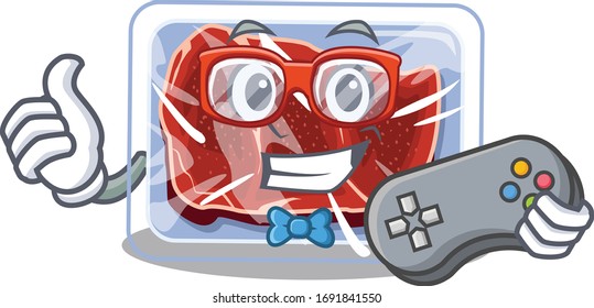 Mascot design concept of frozen beef gamer using controller