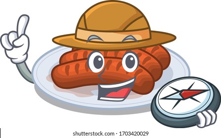 mascot design concept of grilled sausage explorer with a compass