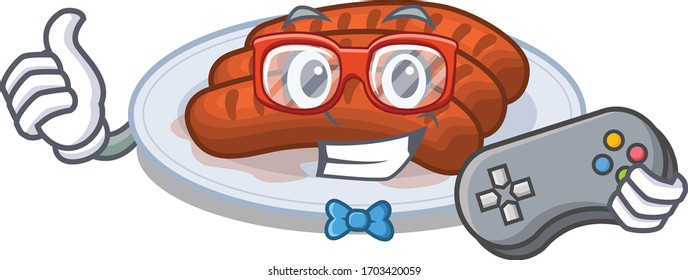 Mascot design concept of grilled sausage gamer using controller