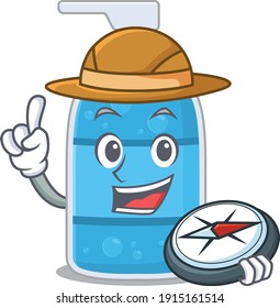 mascot design concept of hand wash gel explorer using a compass in the forest