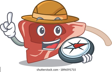 mascot design concept of lamb chop explorer using a compass in the forest. Vector illustration