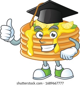 Mascot design concept of lemon cream pancake proudly wearing a black Graduation hat