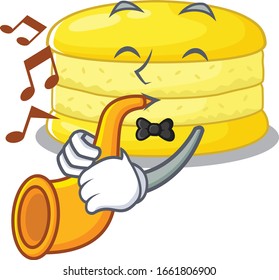 mascot design concept of lemon macaron playing a trumpet