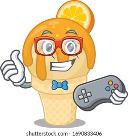 Mascot design concept of orange ice cream gamer using controller