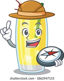 mascot design concept of pina colada cocktail explorer using a compass in the forest