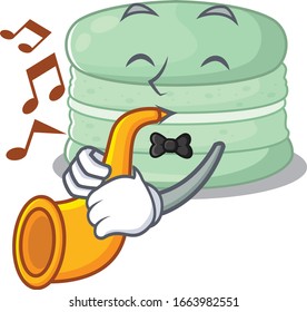 mascot design concept of pistachio macaron playing a trumpet