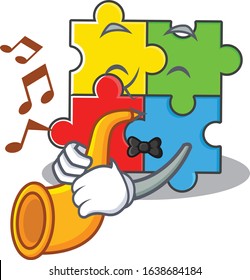 mascot design concept of puzzle toy playing a trumpet
