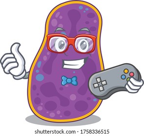 Mascot design concept of shigella sp. bacteria gamer using controller