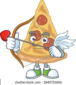 mascot design concept of slice of pizza cute Cupid with arrow and wings. Vector illustration