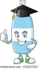 Concepto de diseño de mascota de sanitizador de la mano de pulverización con un sombrero negro de graduación