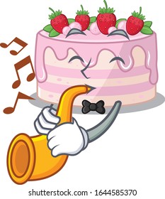 mascot design concept of strawberry cake playing a trumpet