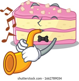 mascot design concept of strawberry slice cake playing a trumpet