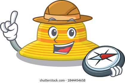 mascot design concept of summer hat explorer using a compass in the forest