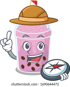 mascot design concept of taro bubble tea explorer with a compass