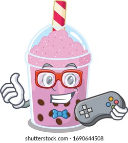 Mascot design concept of taro bubble tea gamer using controller