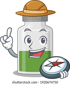 mascot design concept of vitamin syrup explorer using a compass in the forest