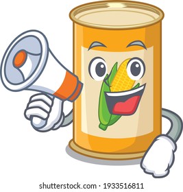 Mascot design of corn tin announcing new products on a megaphone