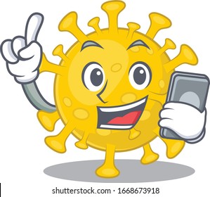 Mascot design of corona virus diagnosis speaking on phone