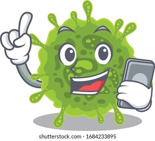 Mascot design of coronavirus speaking on phone