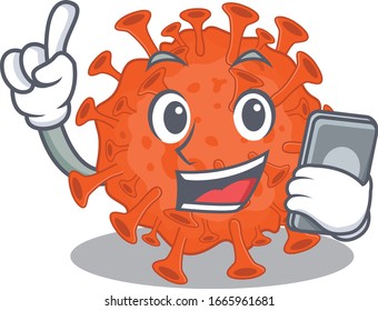 Mascot design of electron microscope coronavirus speaking on phone