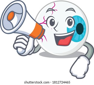 Mascot design of eyeball announcing new products on a megaphone